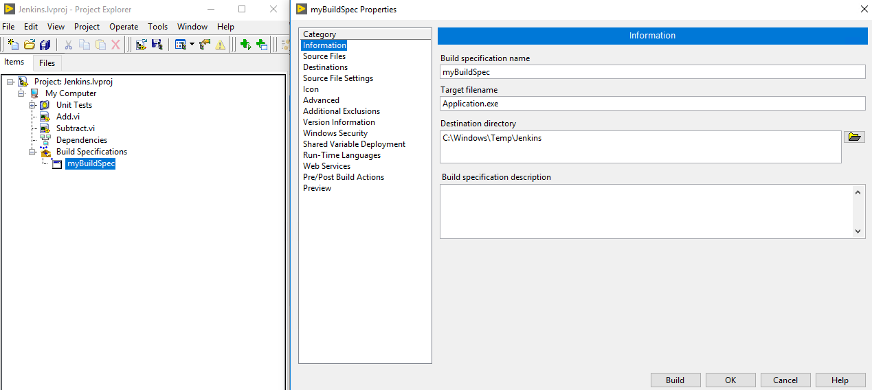 open LabVIEW project build spec